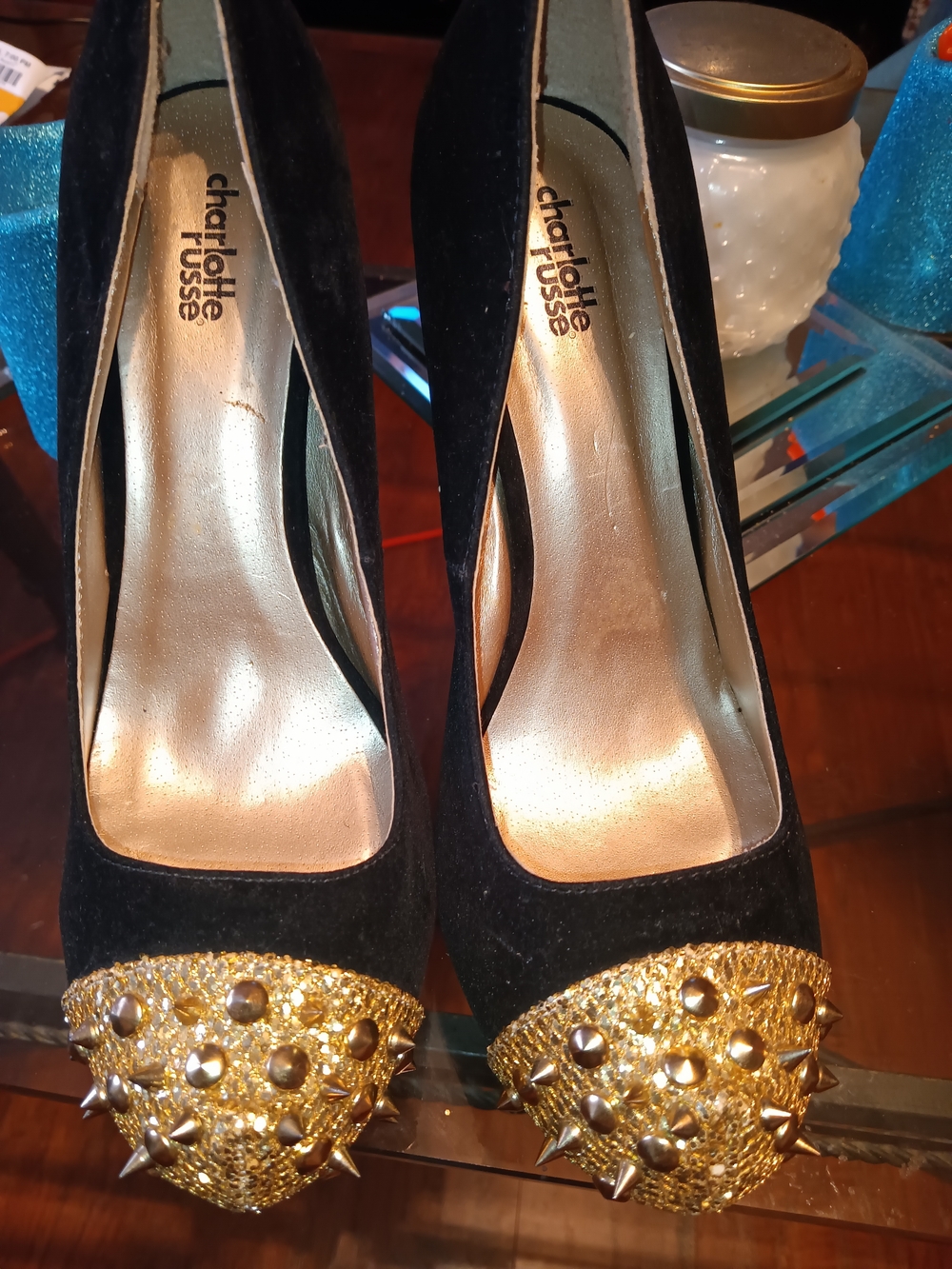 Charlotte Russe Black Pumps with Gold Studded Toe